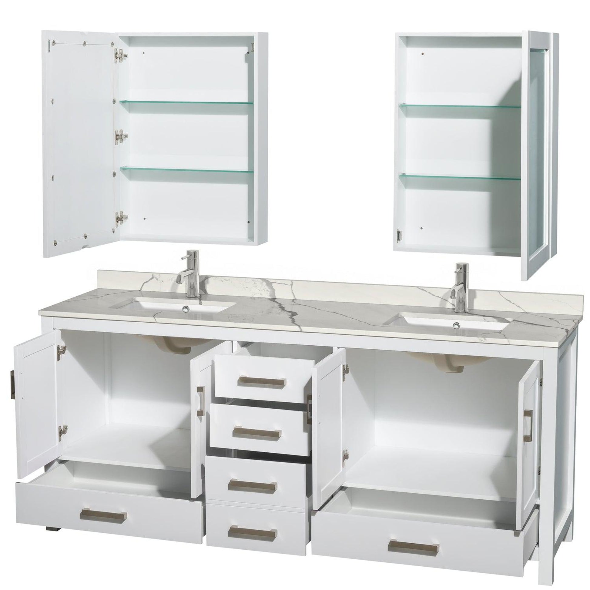 Wyndham Collection Sheffield 80" Double Bathroom Vanity in White, Calacatta Quartz Countertop, Undermount Square Sinks, Medicine Cabinet