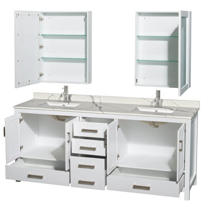 Wyndham Collection Sheffield 80" Double Bathroom Vanity in White, Calacatta Quartz Countertop, Undermount Square Sinks, Medicine Cabinet