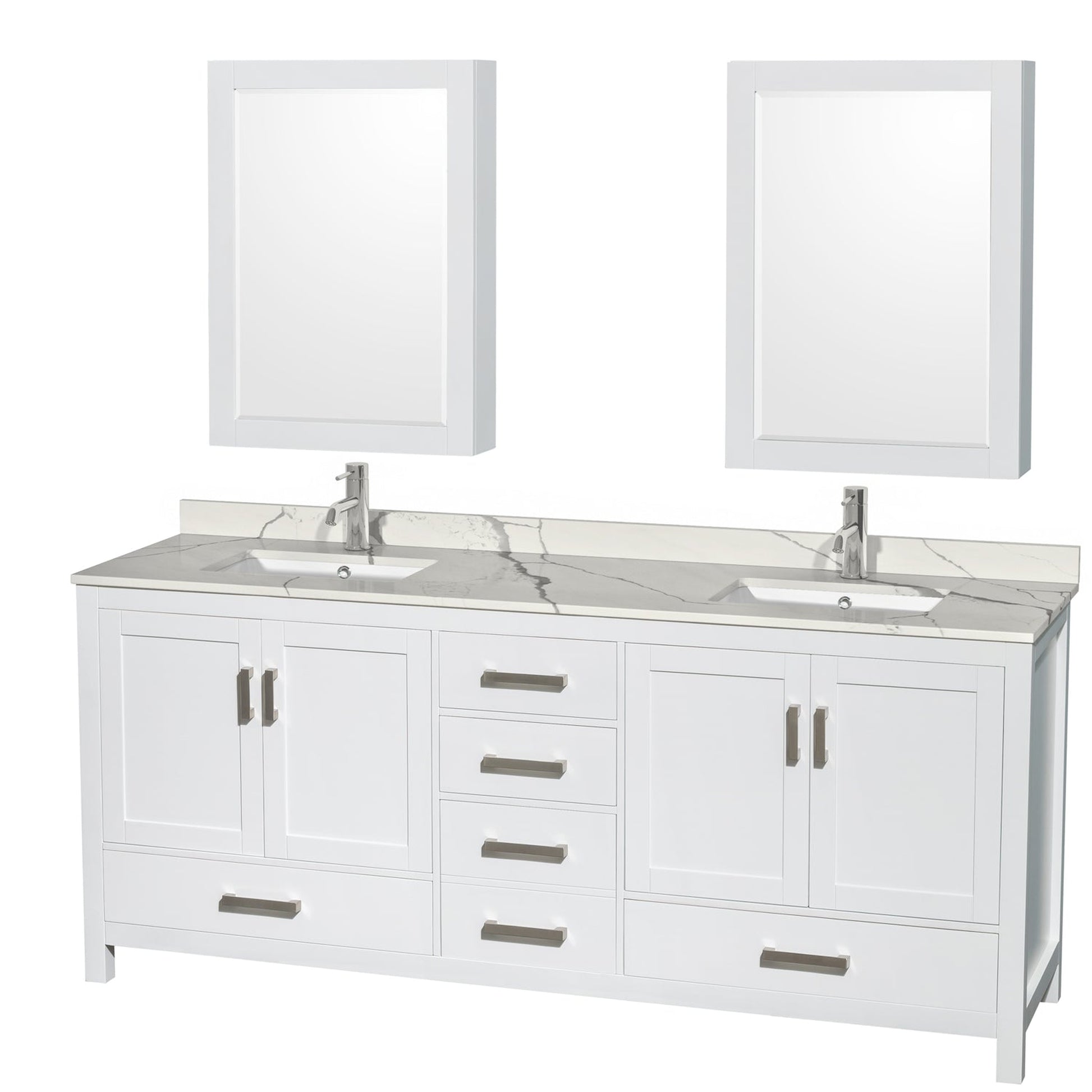 Wyndham Collection Sheffield 80" Double Bathroom Vanity in White, Calacatta Quartz Countertop, Undermount Square Sinks, Medicine Cabinet