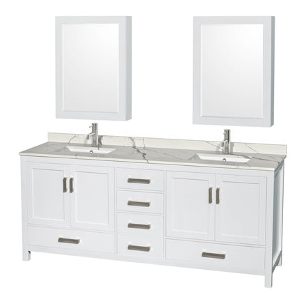 Wyndham Collection Sheffield 80" Double Bathroom Vanity in White, Calacatta Quartz Countertop, Undermount Square Sinks, Medicine Cabinet
