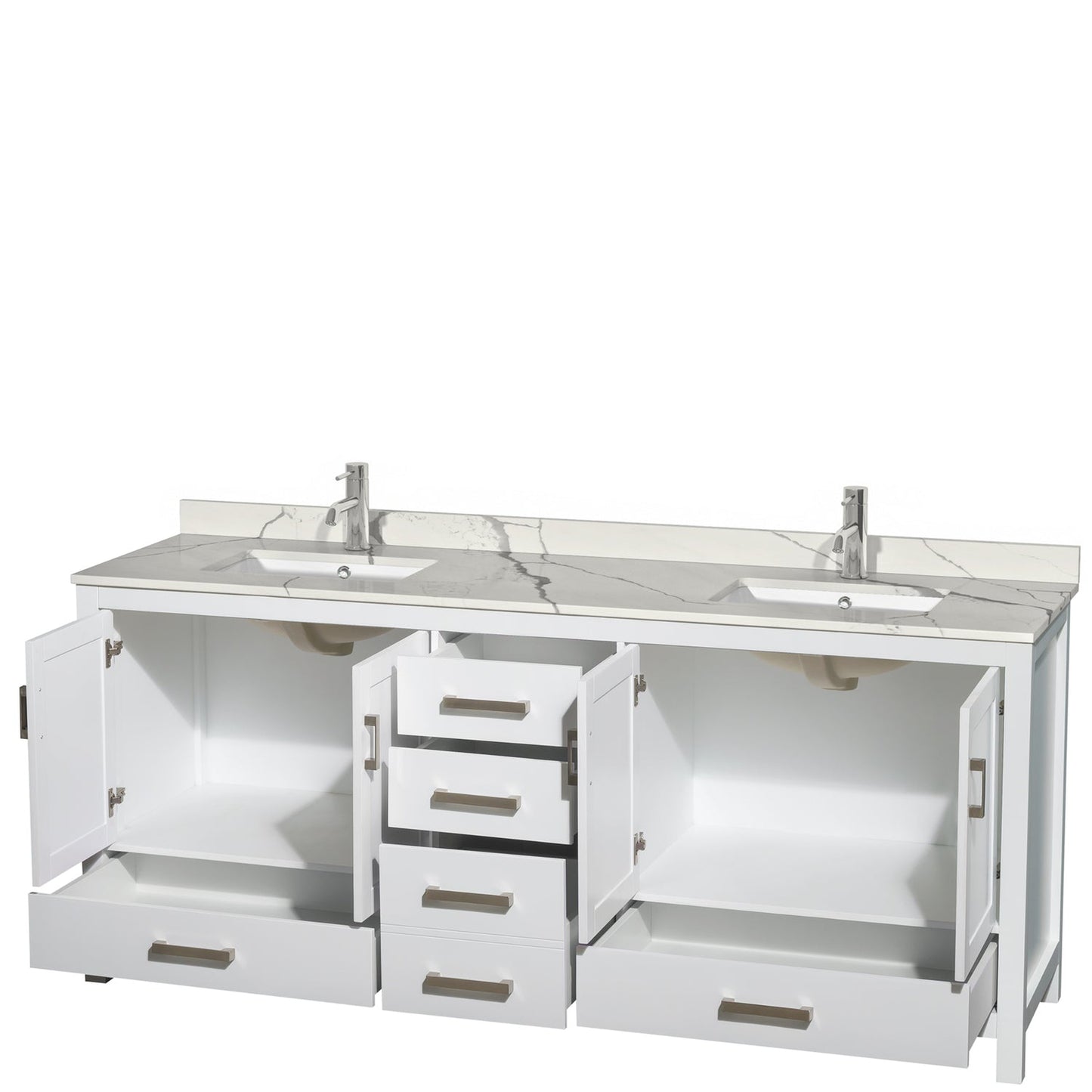 Wyndham Collection Sheffield 80" Double Bathroom Vanity in White, Calacatta Quartz Countertop, Undermount Square Sinks, No Mirror