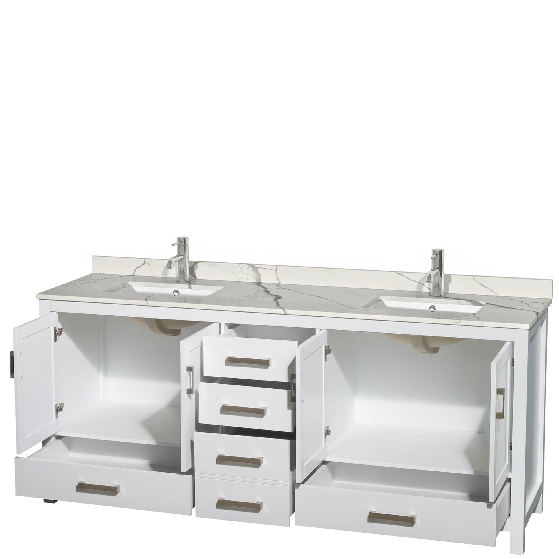 Wyndham Collection Sheffield 80" Double Bathroom Vanity in White, Calacatta Quartz Countertop, Undermount Square Sinks, No Mirror