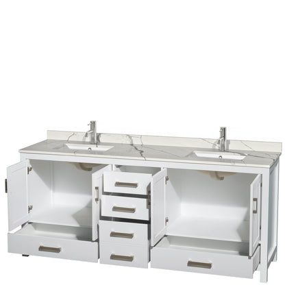Wyndham Collection Sheffield 80" Double Bathroom Vanity in White, Calacatta Quartz Countertop, Undermount Square Sinks, No Mirror