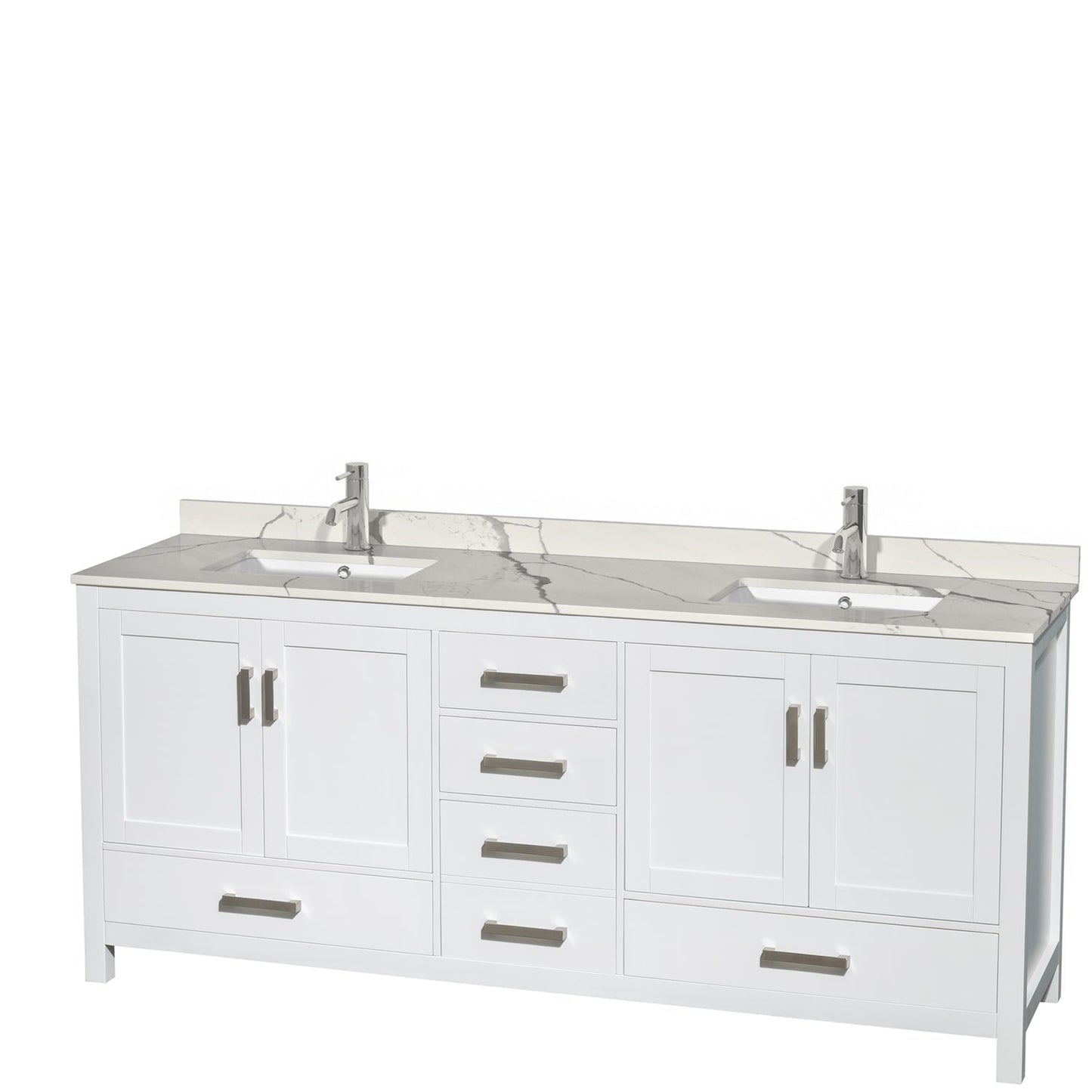 Wyndham Collection Sheffield 80" Double Bathroom Vanity in White, Calacatta Quartz Countertop, Undermount Square Sinks, No Mirror