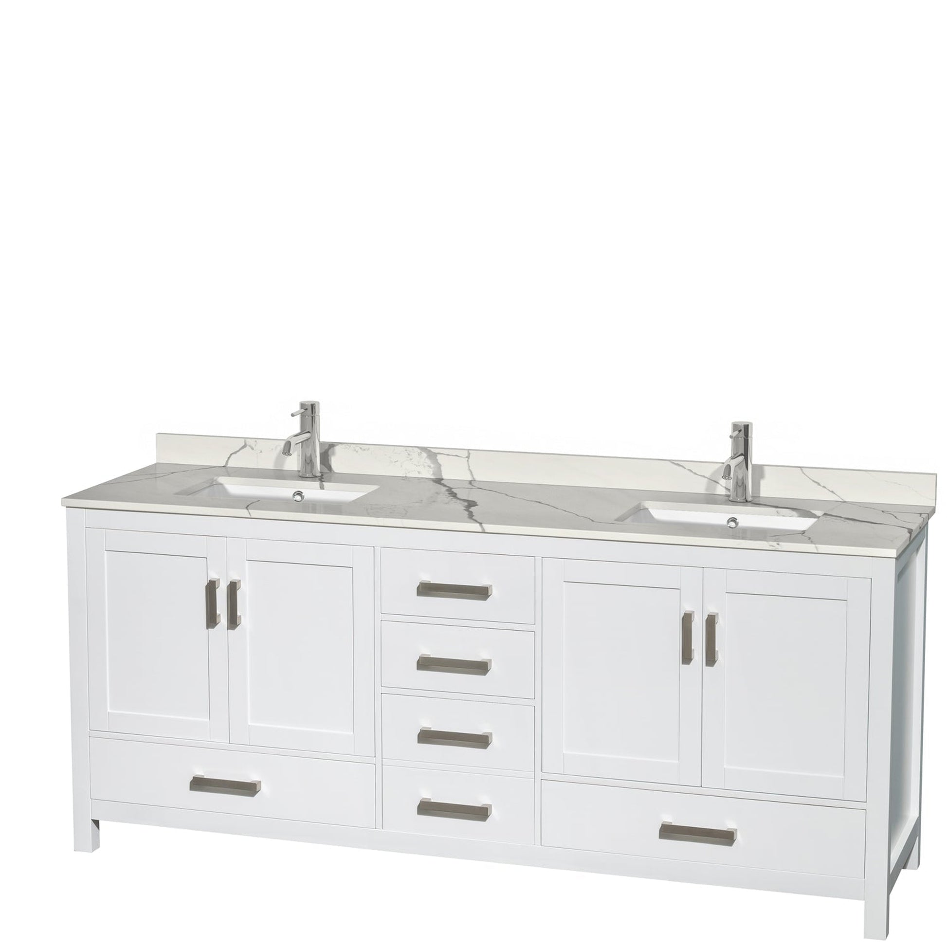Wyndham Collection Sheffield 80" Double Bathroom Vanity in White, Calacatta Quartz Countertop, Undermount Square Sinks, No Mirror