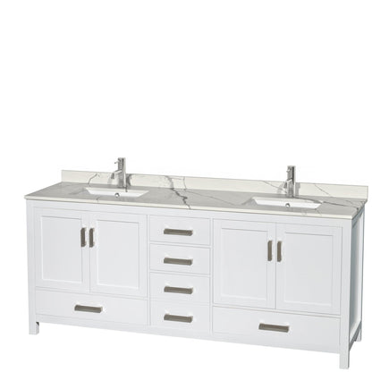 Wyndham Collection Sheffield 80" Double Bathroom Vanity in White, Calacatta Quartz Countertop, Undermount Square Sinks, No Mirror