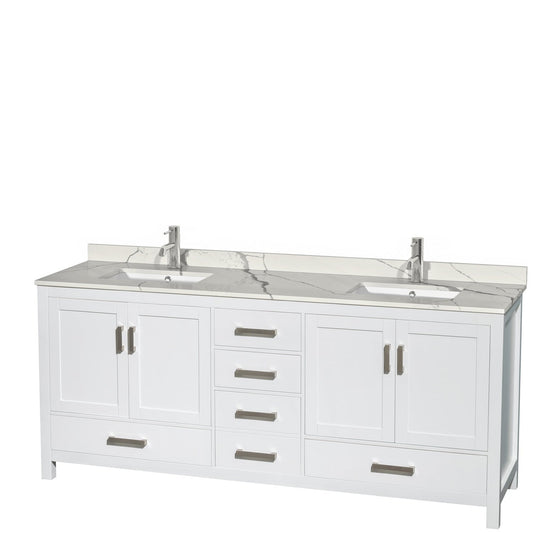 Wyndham Collection Sheffield 80" Double Bathroom Vanity in White, Calacatta Quartz Countertop, Undermount Square Sinks, No Mirror