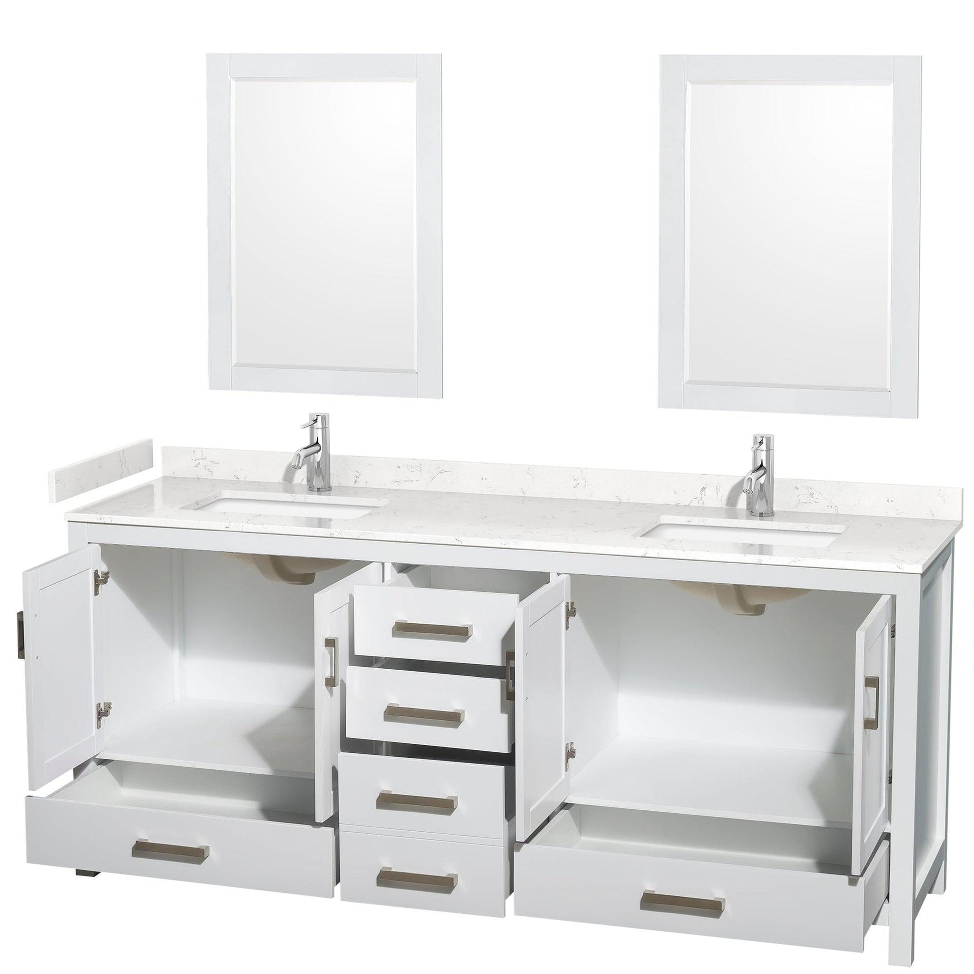 Wyndham Collection Sheffield 80" Double Bathroom Vanity in White, Carrara Cultured Marble Countertop, Undermount Square Sinks, 24" Mirror