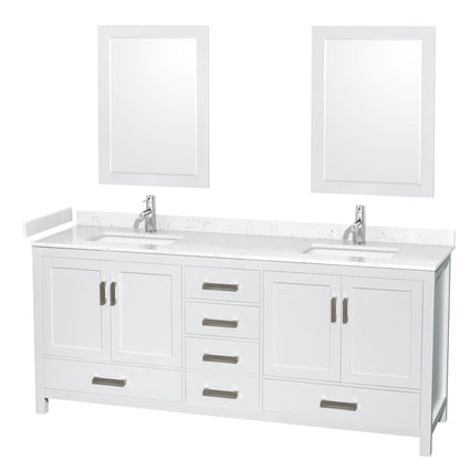 Wyndham Collection Sheffield 80" Double Bathroom Vanity in White, Carrara Cultured Marble Countertop, Undermount Square Sinks, 24" Mirror