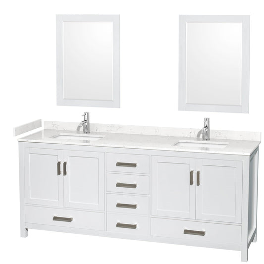 Wyndham Collection Sheffield 80" Double Bathroom Vanity in White, Carrara Cultured Marble Countertop, Undermount Square Sinks, 24" Mirror
