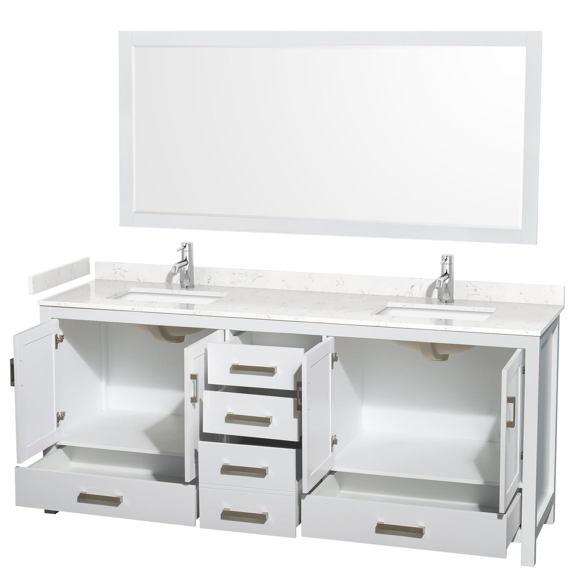 Wyndham Collection Sheffield 80" Double Bathroom Vanity in White, Carrara Cultured Marble Countertop, Undermount Square Sinks, 70" Mirror