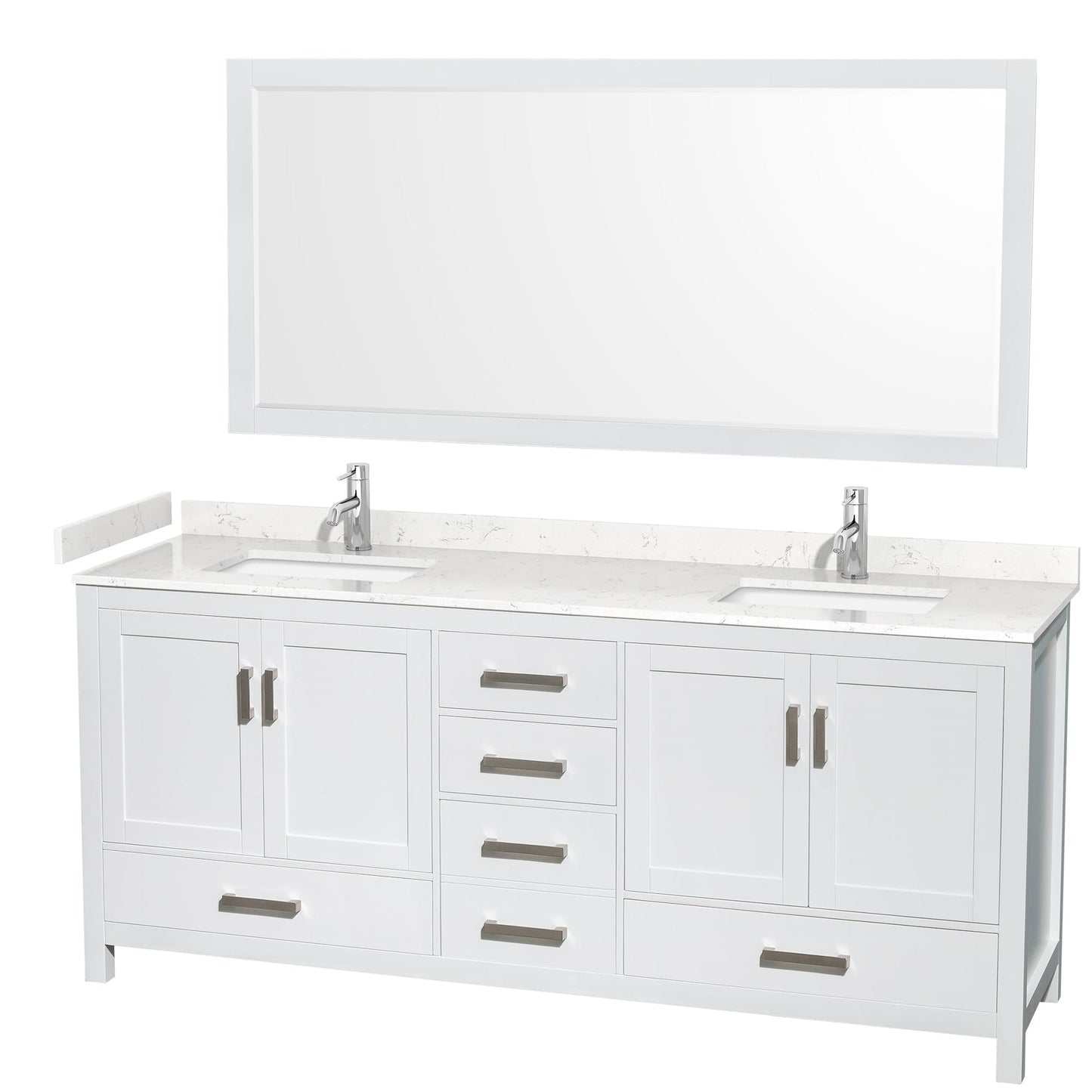 Wyndham Collection Sheffield 80" Double Bathroom Vanity in White, Carrara Cultured Marble Countertop, Undermount Square Sinks, 70" Mirror