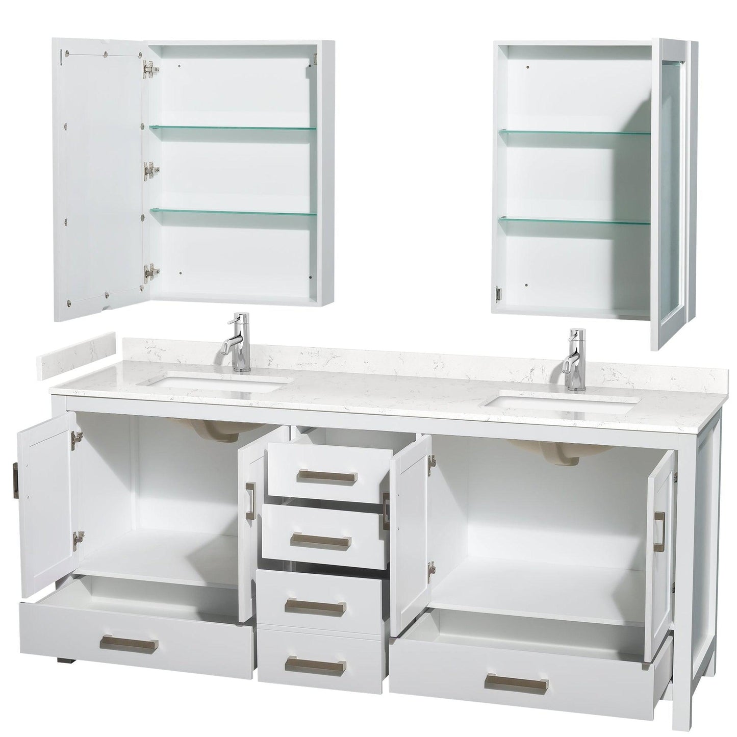 Wyndham Collection Sheffield 80" Double Bathroom Vanity in White, Carrara Cultured Marble Countertop, Undermount Square Sinks, Medicine Cabinet