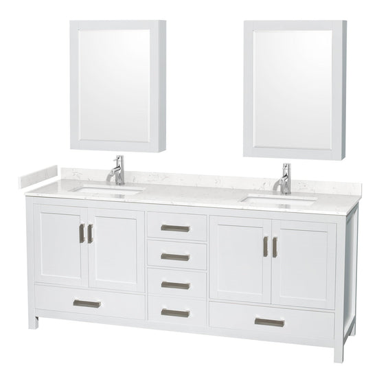 Wyndham Collection Sheffield 80" Double Bathroom Vanity in White, Carrara Cultured Marble Countertop, Undermount Square Sinks, Medicine Cabinet