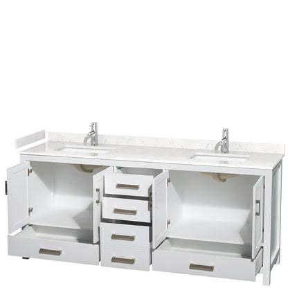 Wyndham Collection Sheffield 80" Double Bathroom Vanity in White, Carrara Cultured Marble Countertop, Undermount Square Sinks, No Mirror