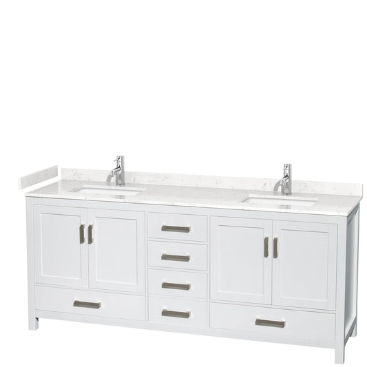Wyndham Collection Sheffield 80" Double Bathroom Vanity in White, Carrara Cultured Marble Countertop, Undermount Square Sinks, No Mirror
