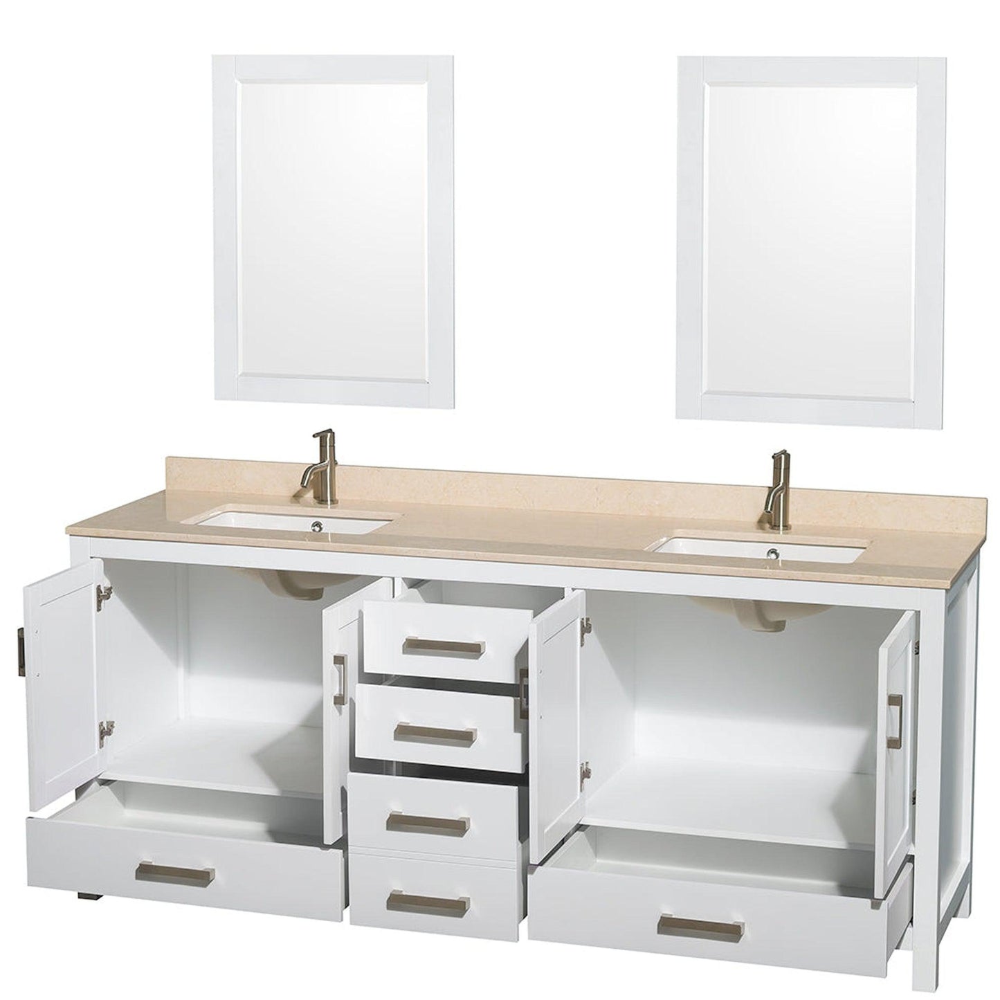 Wyndham Collection Sheffield 80" Double Bathroom Vanity in White, Ivory Marble Countertop, Undermount Square Sinks, and 24" Mirror