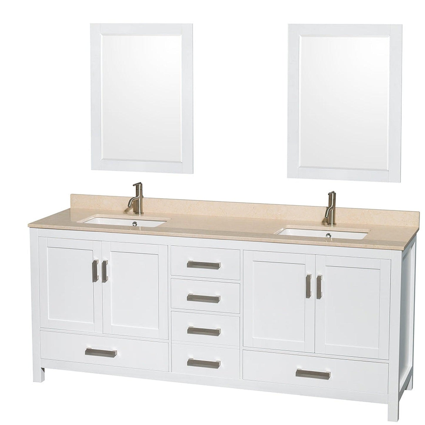 Wyndham Collection Sheffield 80" Double Bathroom Vanity in White, Ivory Marble Countertop, Undermount Square Sinks, and 24" Mirror