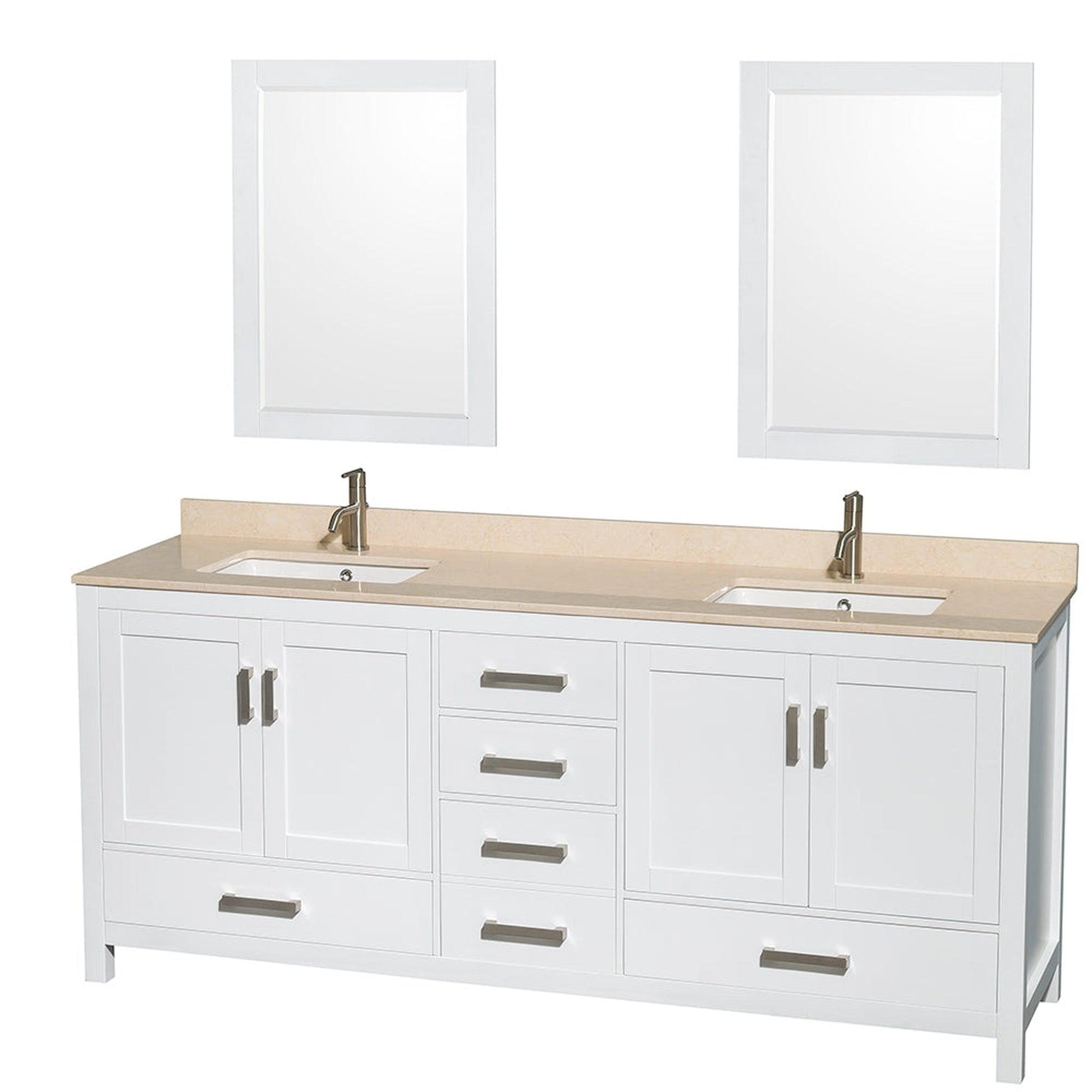 Wyndham Collection Sheffield 80" Double Bathroom Vanity in White, Ivory Marble Countertop, Undermount Square Sinks, and 24" Mirror