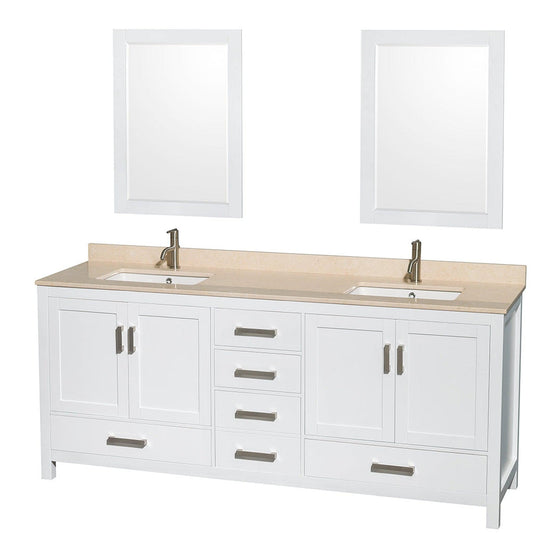 Wyndham Collection Sheffield 80" Double Bathroom Vanity in White, Ivory Marble Countertop, Undermount Square Sinks, and 24" Mirror