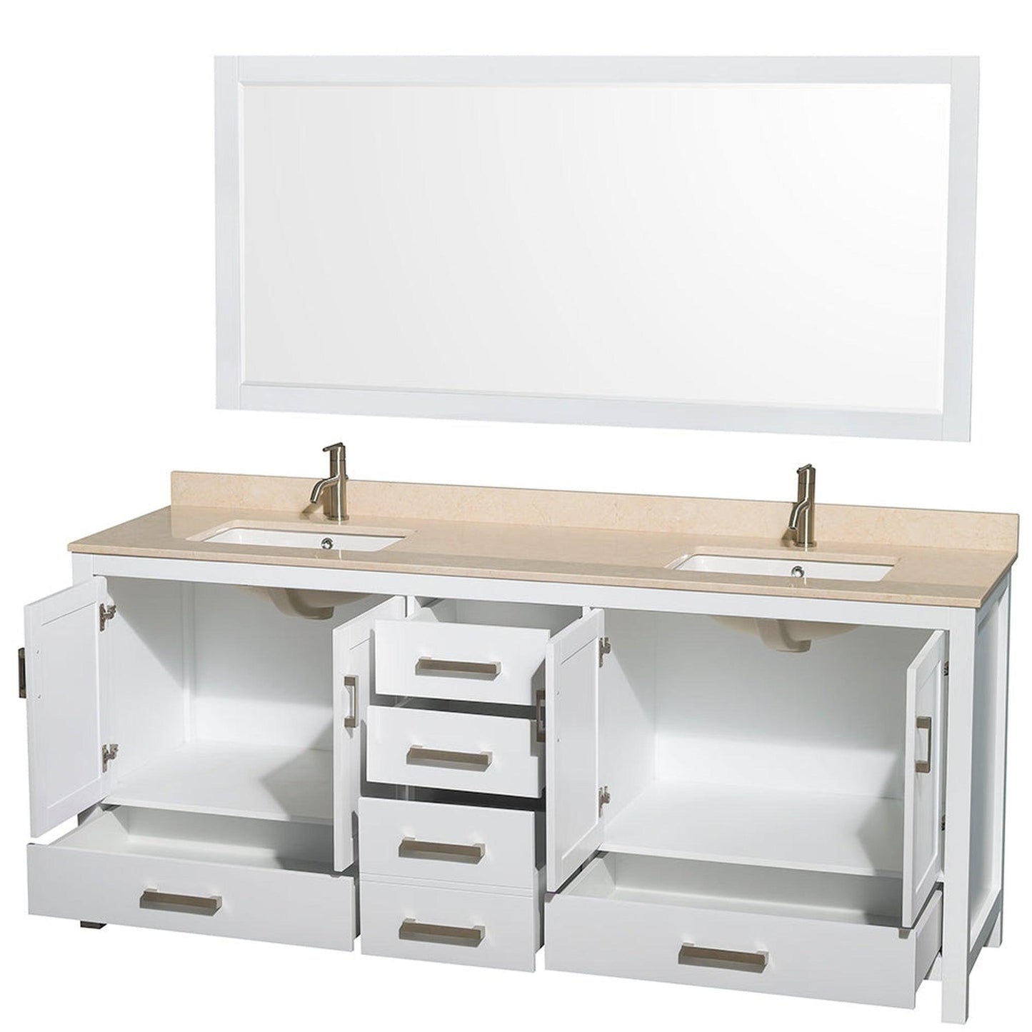 Wyndham Collection Sheffield 80" Double Bathroom Vanity in White, Ivory Marble Countertop, Undermount Square Sinks, and 70" Mirror