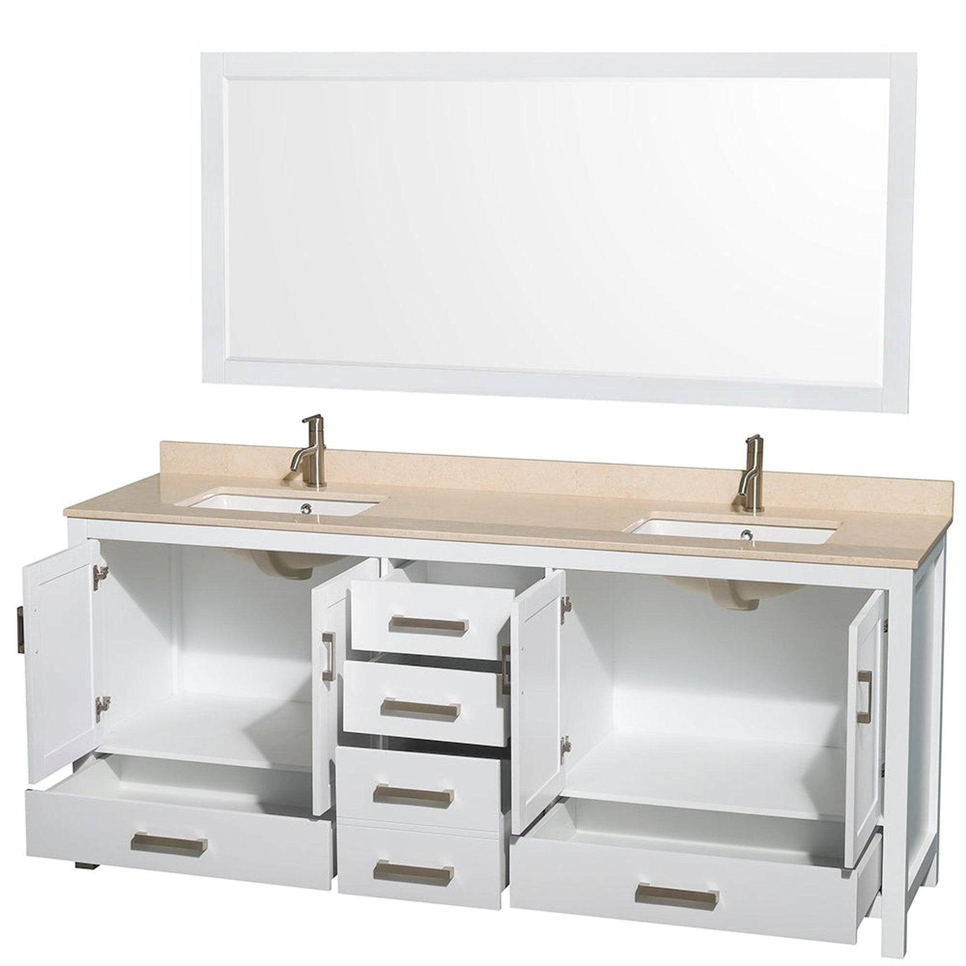 Wyndham Collection Sheffield 80" Double Bathroom Vanity in White, Ivory Marble Countertop, Undermount Square Sinks, and 70" Mirror