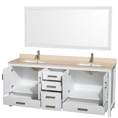 Wyndham Collection Sheffield 80" Double Bathroom Vanity in White, Ivory Marble Countertop, Undermount Square Sinks, and 70" Mirror
