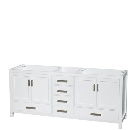 Wyndham Collection Sheffield 80" Double Bathroom Vanity in White, Ivory Marble Countertop, Undermount Square Sinks, and 70" Mirror