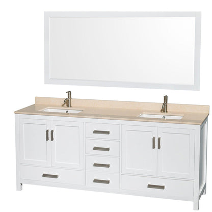 Wyndham Collection Sheffield 80" Double Bathroom Vanity in White, Ivory Marble Countertop, Undermount Square Sinks, and 70" Mirror