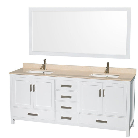 Wyndham Collection Sheffield 80" Double Bathroom Vanity in White, Ivory Marble Countertop, Undermount Square Sinks, and 70" Mirror