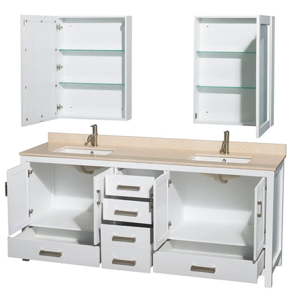 Wyndham Collection Sheffield 80" Double Bathroom Vanity in White, Ivory Marble Countertop, Undermount Square Sinks, and Medicine Cabinet