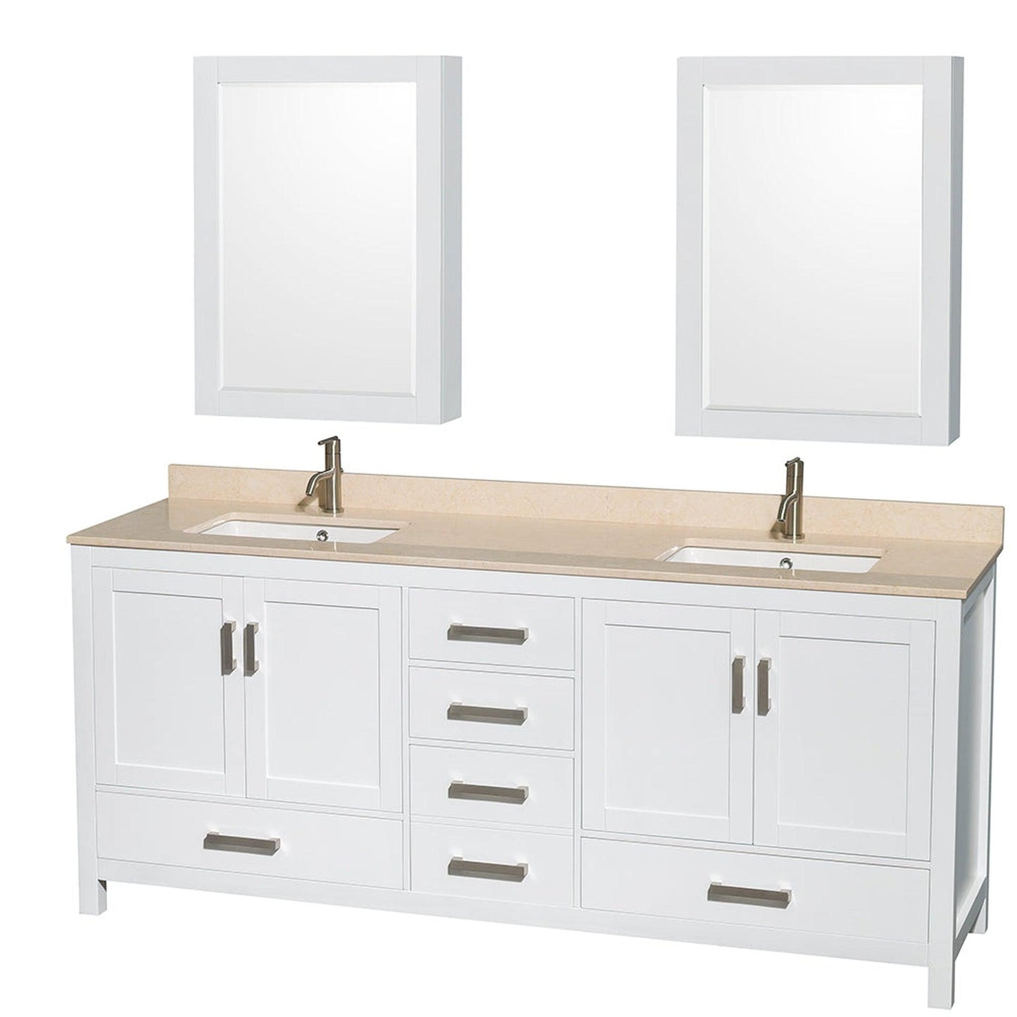 Wyndham Collection Sheffield 80" Double Bathroom Vanity in White, Ivory Marble Countertop, Undermount Square Sinks, and Medicine Cabinet