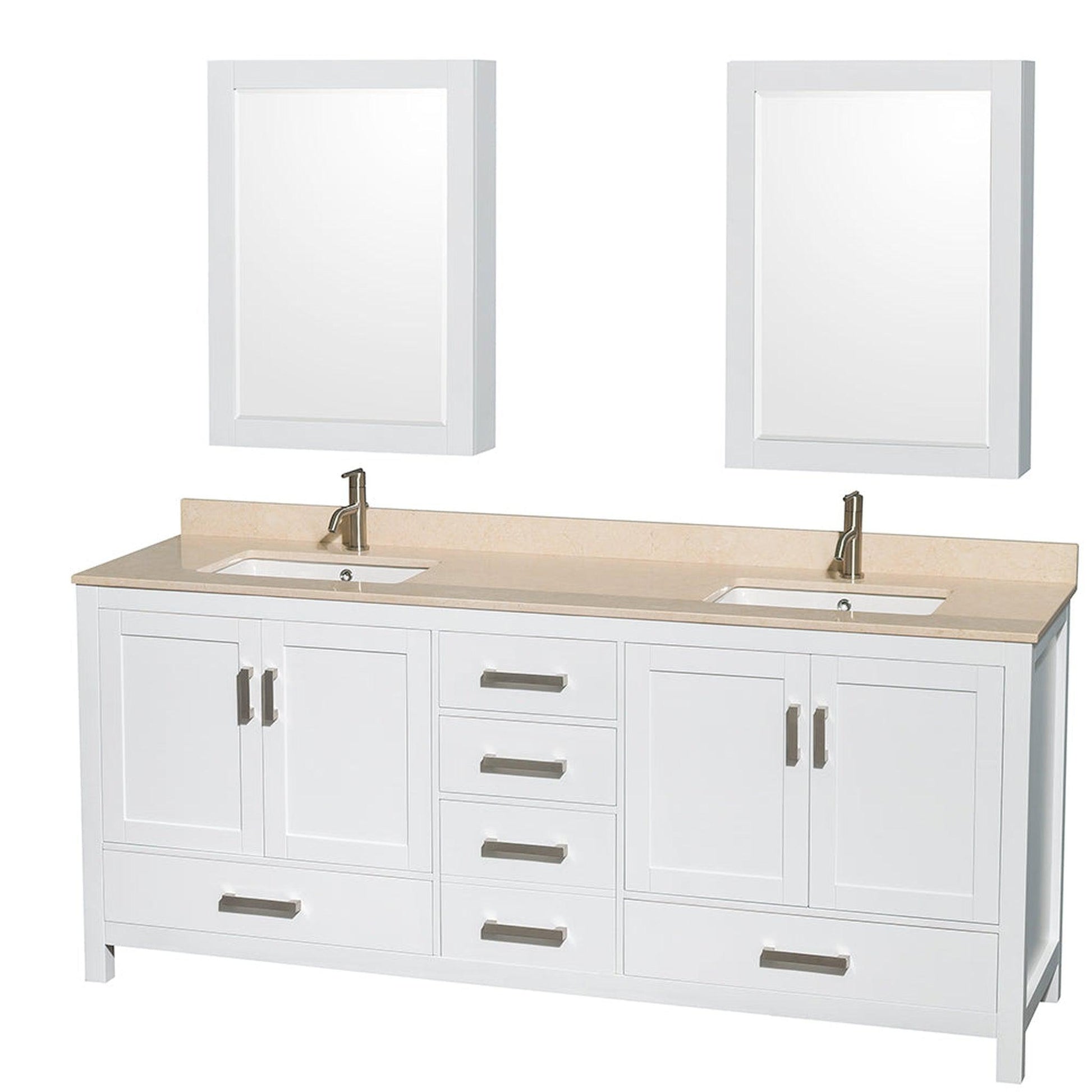 Wyndham Collection Sheffield 80" Double Bathroom Vanity in White, Ivory Marble Countertop, Undermount Square Sinks, and Medicine Cabinet