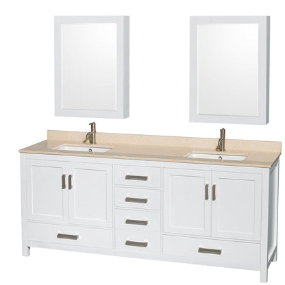 Wyndham Collection Sheffield 80" Double Bathroom Vanity in White, Ivory Marble Countertop, Undermount Square Sinks, and Medicine Cabinet