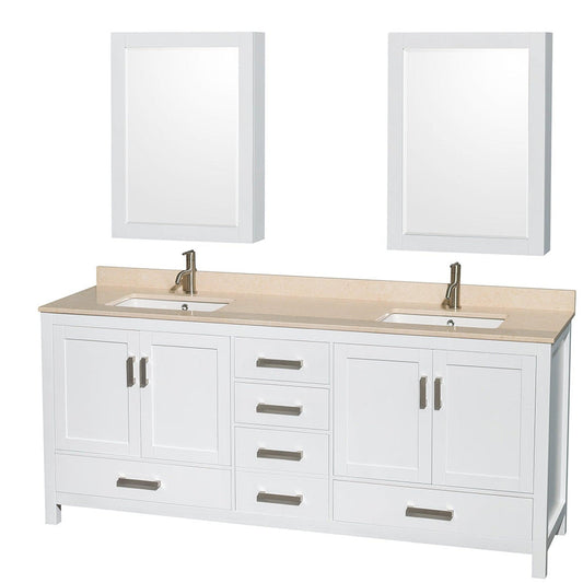 Wyndham Collection Sheffield 80" Double Bathroom Vanity in White, Ivory Marble Countertop, Undermount Square Sinks, and Medicine Cabinet