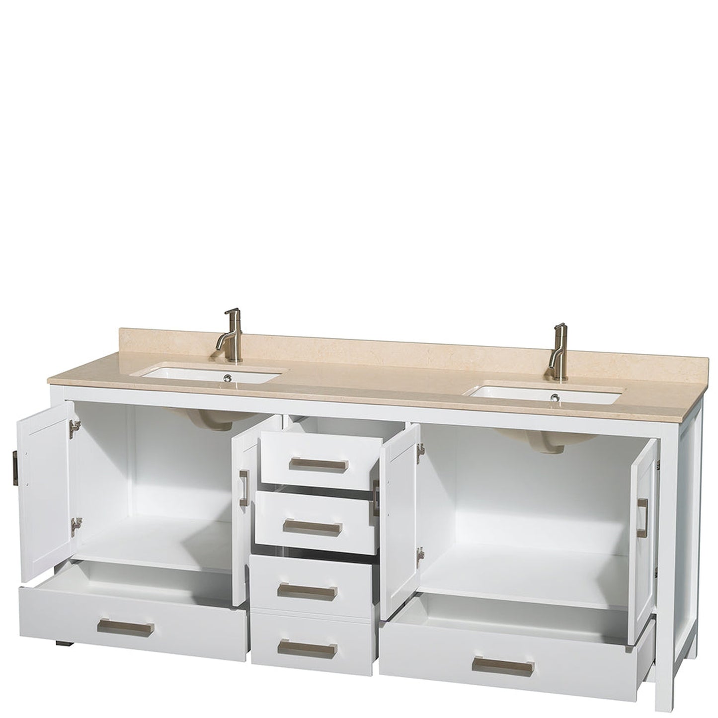 Wyndham Collection Sheffield 80" Double Bathroom Vanity in White, Ivory Marble Countertop, Undermount Square Sinks, and No Mirror