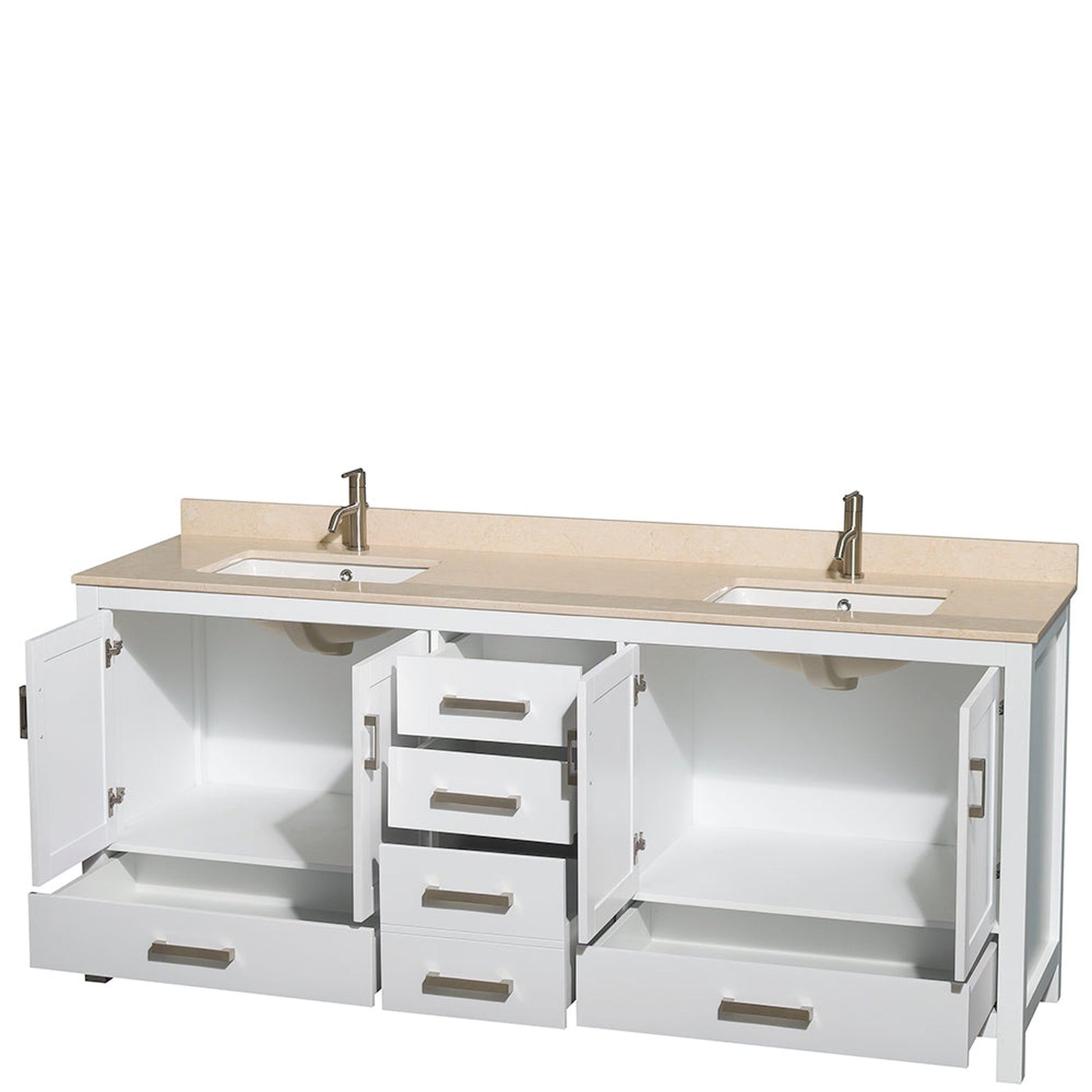 Wyndham Collection Sheffield 80" Double Bathroom Vanity in White, Ivory Marble Countertop, Undermount Square Sinks, and No Mirror