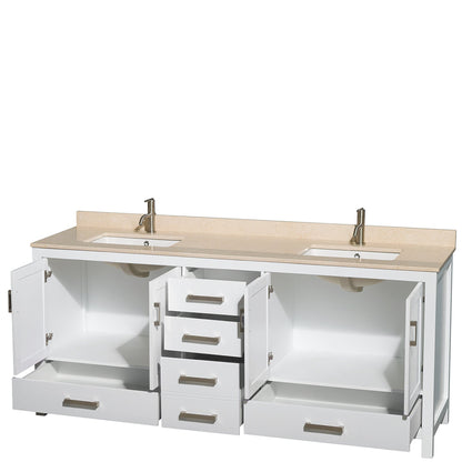 Wyndham Collection Sheffield 80" Double Bathroom Vanity in White, Ivory Marble Countertop, Undermount Square Sinks, and No Mirror