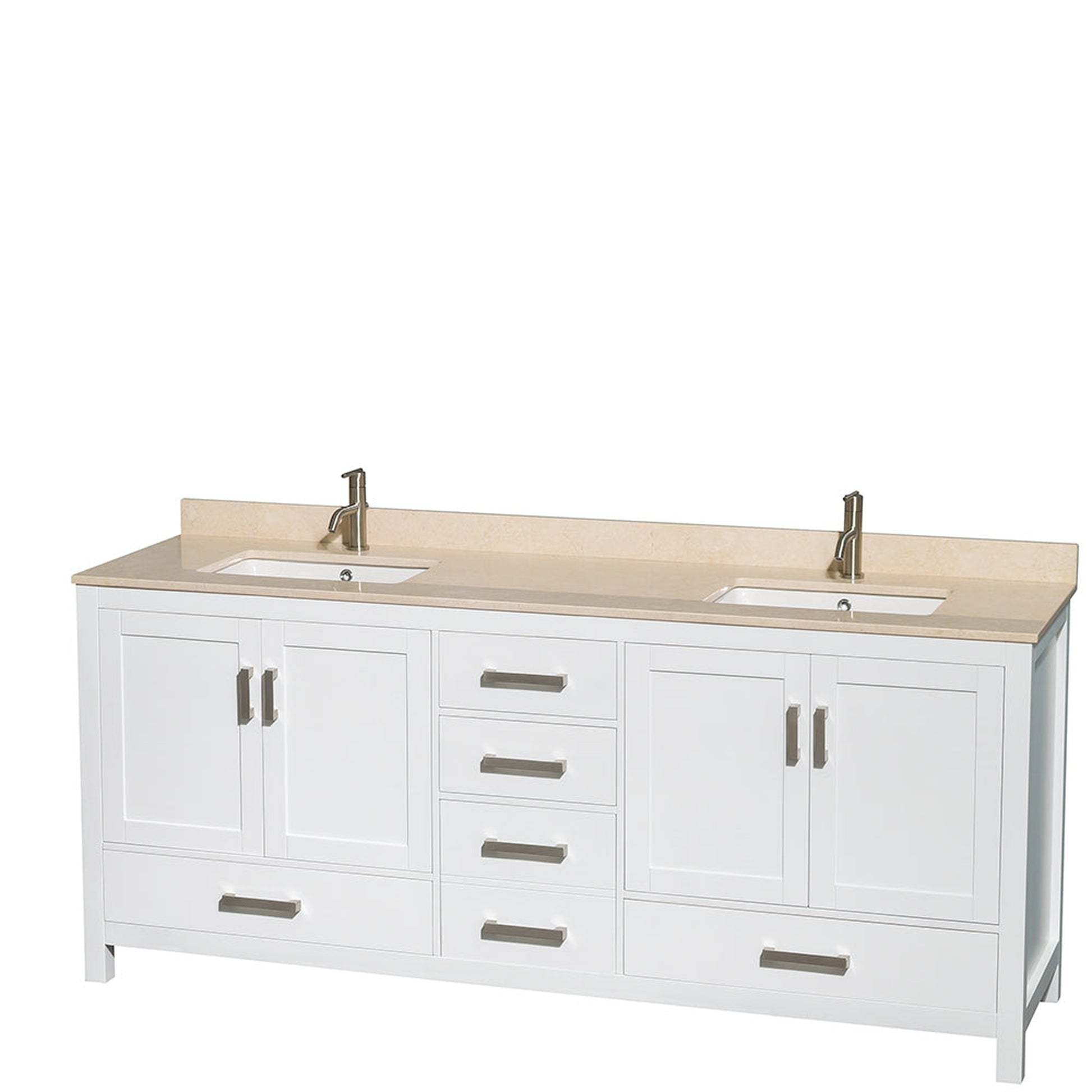 Wyndham Collection Sheffield 80" Double Bathroom Vanity in White, Ivory Marble Countertop, Undermount Square Sinks, and No Mirror