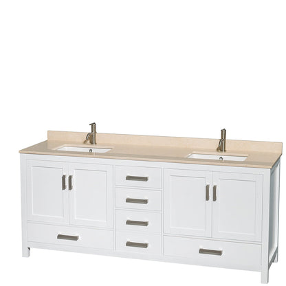 Wyndham Collection Sheffield 80" Double Bathroom Vanity in White, Ivory Marble Countertop, Undermount Square Sinks, and No Mirror