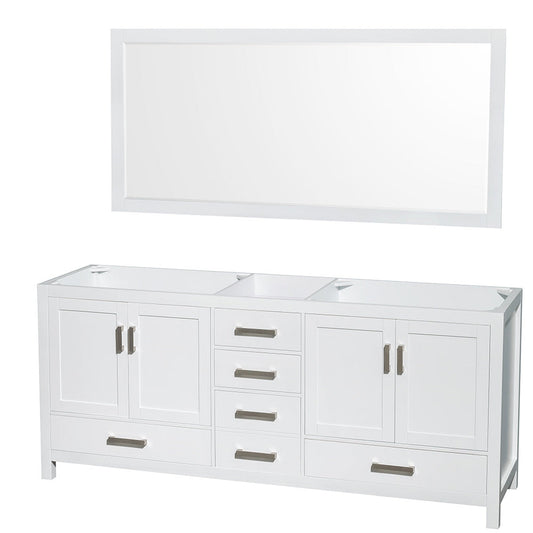 Wyndham Collection Sheffield 80" Double Bathroom Vanity in White, No Countertop, No Sinks, and 70" Mirror