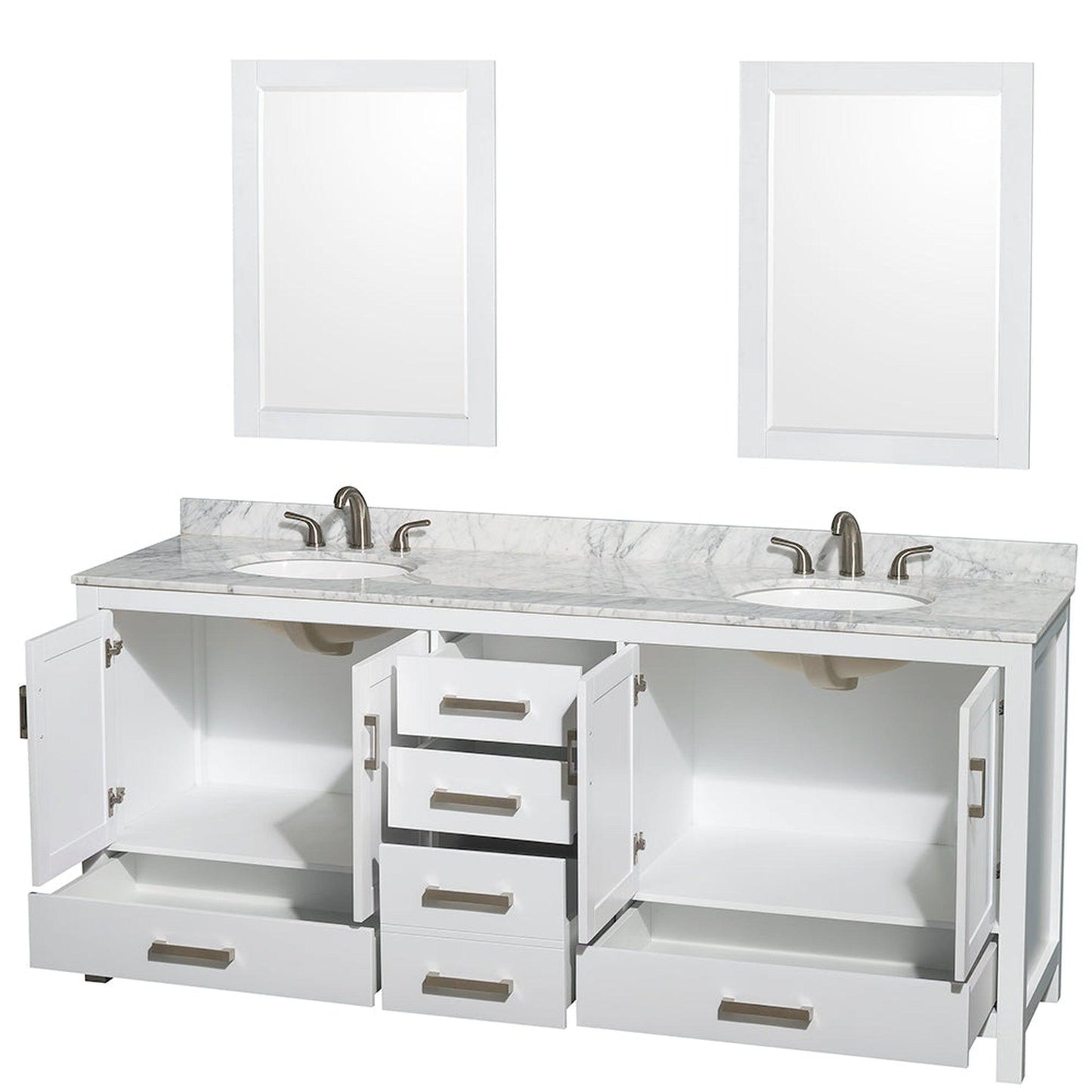 Wyndham Collection Sheffield 80" Double Bathroom Vanity in White, White Carrara Marble Countertop, Undermount Oval Sinks, and 24" Mirror