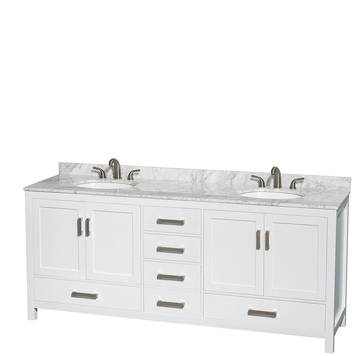 Wyndham Collection Sheffield 80" Double Bathroom Vanity in White, White Carrara Marble Countertop, Undermount Oval Sinks, and 24" Mirror