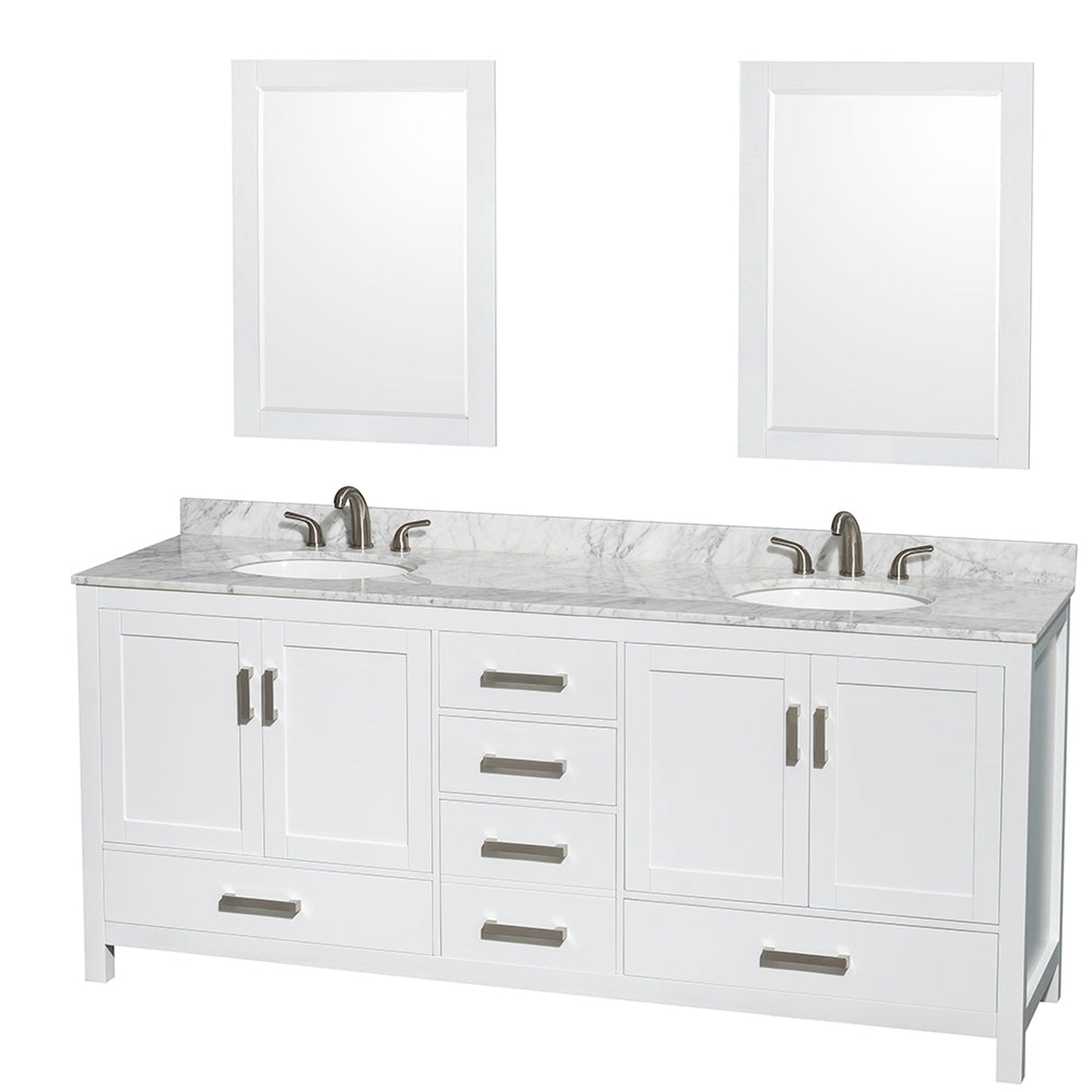 Wyndham Collection Sheffield 80" Double Bathroom Vanity in White, White Carrara Marble Countertop, Undermount Oval Sinks, and 24" Mirror