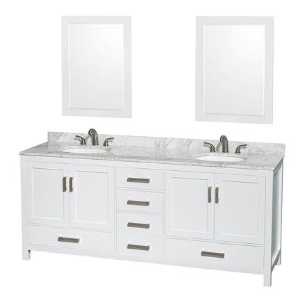 Wyndham Collection Sheffield 80" Double Bathroom Vanity in White, White Carrara Marble Countertop, Undermount Oval Sinks, and 24" Mirror