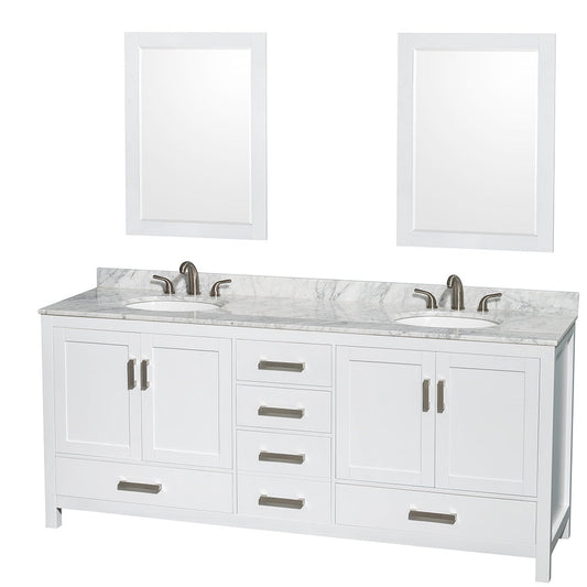 Wyndham Collection Sheffield 80" Double Bathroom Vanity in White, White Carrara Marble Countertop, Undermount Oval Sinks, and 24" Mirror