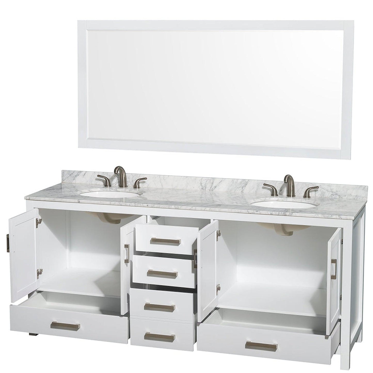 Wyndham Collection Sheffield 80" Double Bathroom Vanity in White, White Carrara Marble Countertop, Undermount Oval Sinks, and 70" Mirror