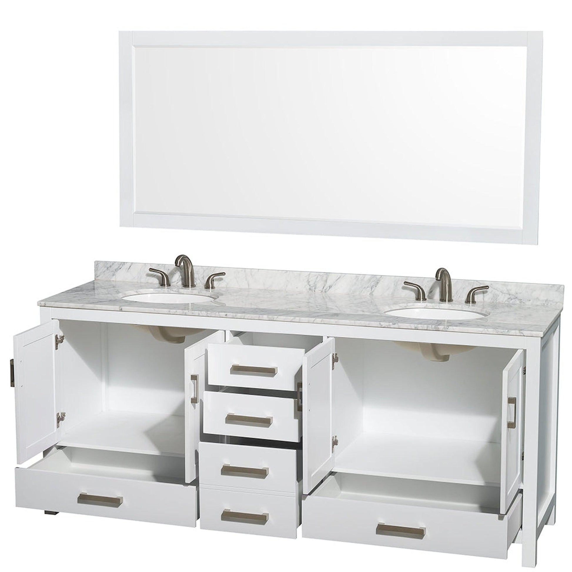 Wyndham Collection Sheffield 80" Double Bathroom Vanity in White, White Carrara Marble Countertop, Undermount Oval Sinks, and 70" Mirror