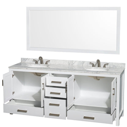 Wyndham Collection Sheffield 80" Double Bathroom Vanity in White, White Carrara Marble Countertop, Undermount Oval Sinks, and 70" Mirror