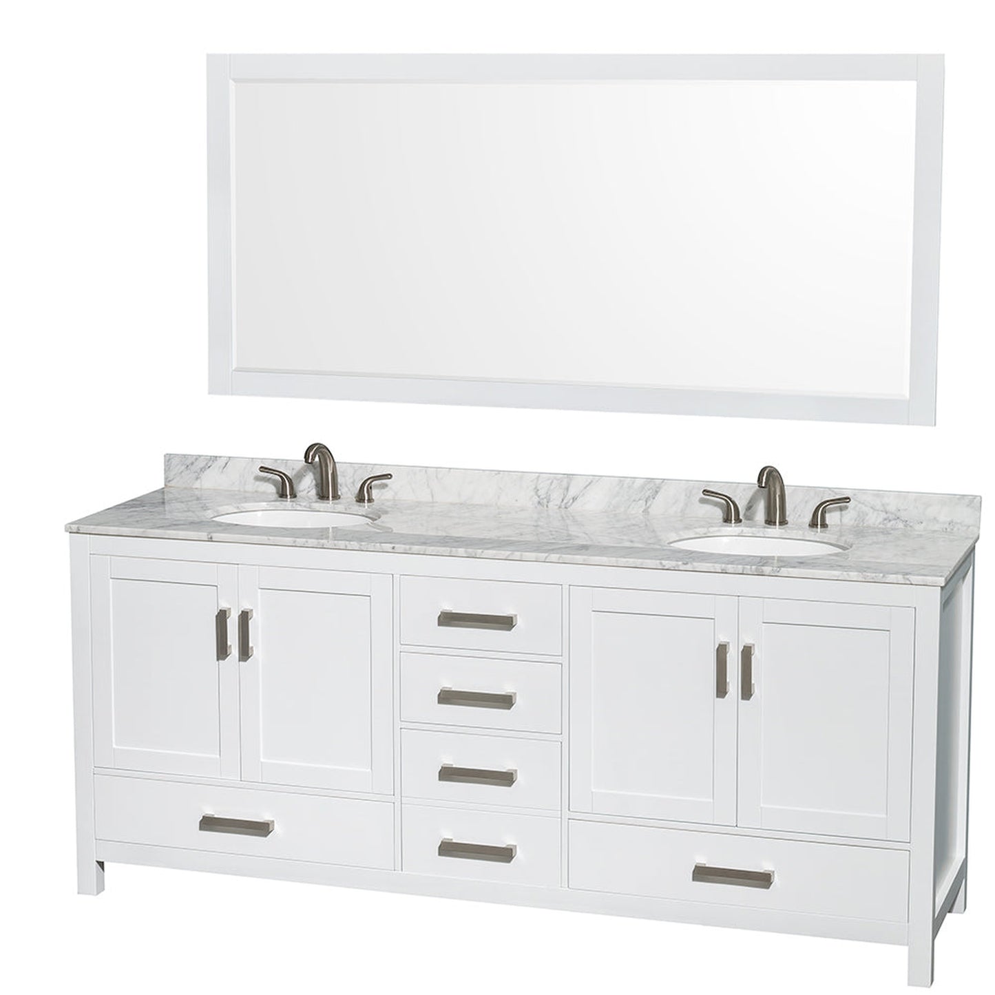 Wyndham Collection Sheffield 80" Double Bathroom Vanity in White, White Carrara Marble Countertop, Undermount Oval Sinks, and 70" Mirror